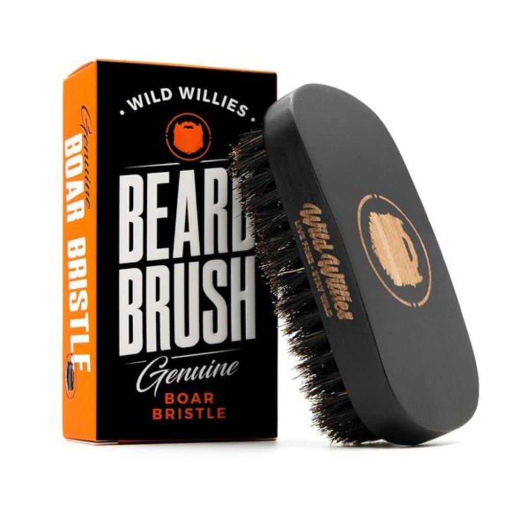 Natural Boar Bristles Beard Brush by Wild Willies -Small Travel Size Wood Handle